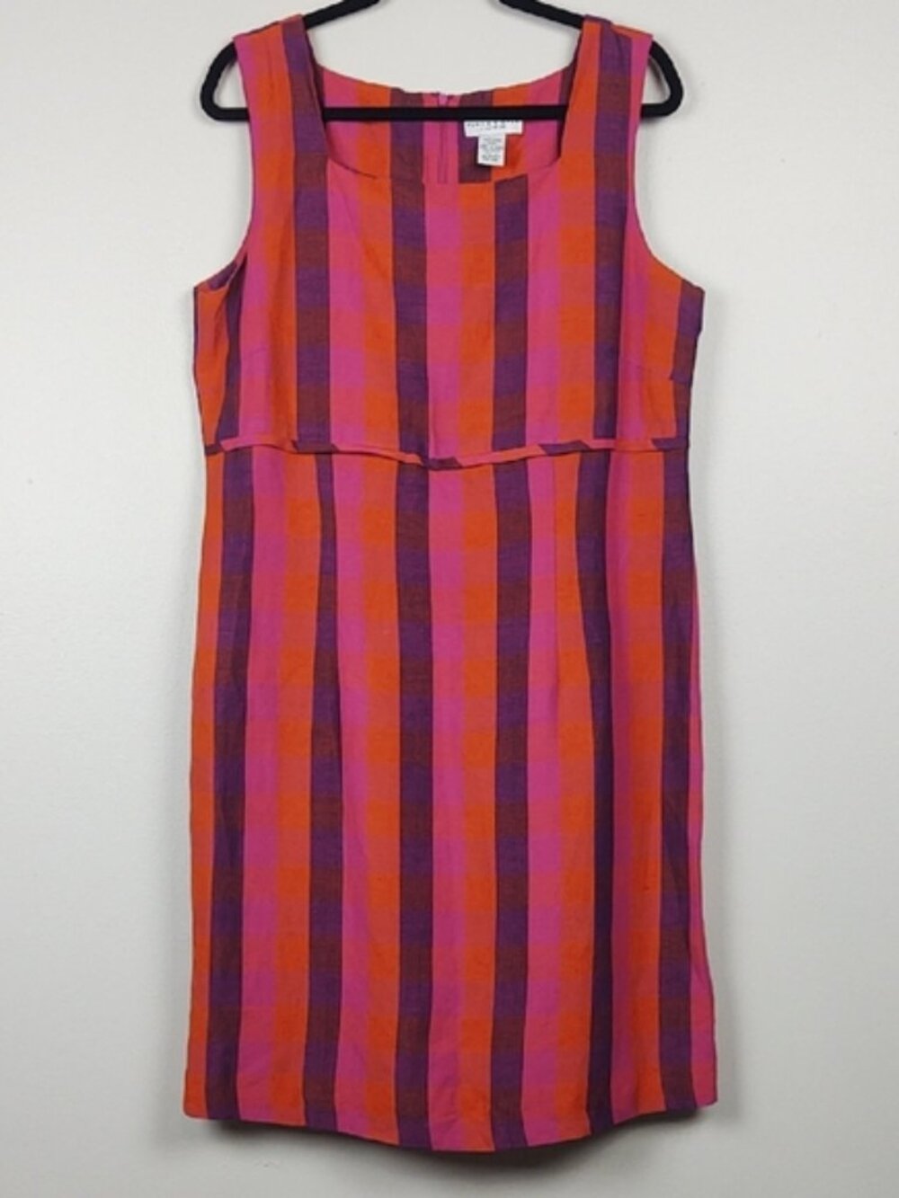 Pure & Simple Linen Colorblock Check Sheath Dress Pink Orange Plus 14 Retro Mod